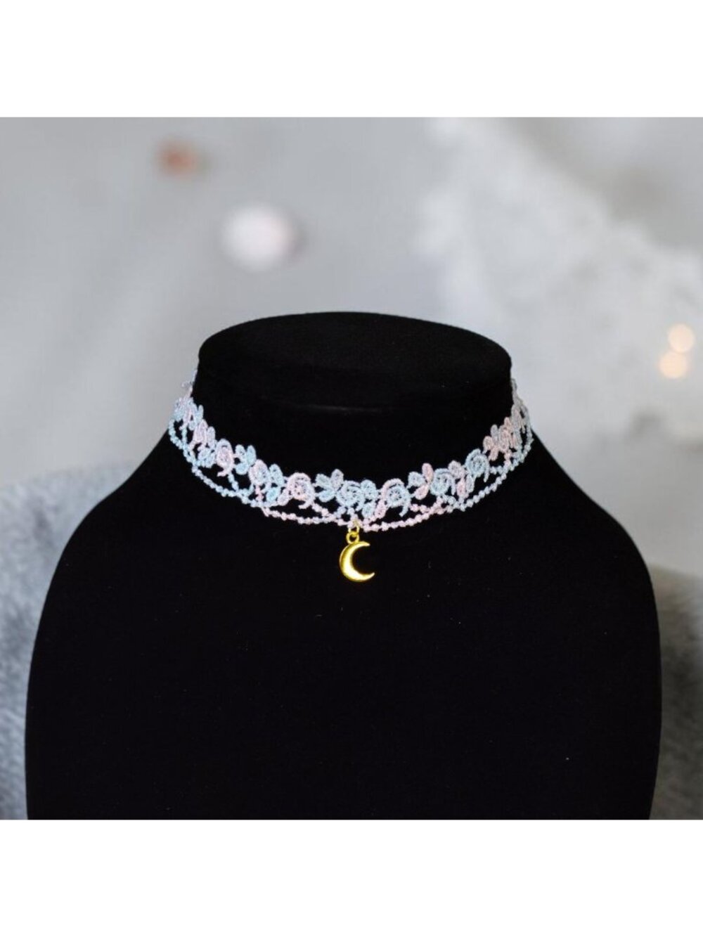 Light Blue and Pink Lace Moon Choker Necklace Celestial Fairycore Gothic Cottage